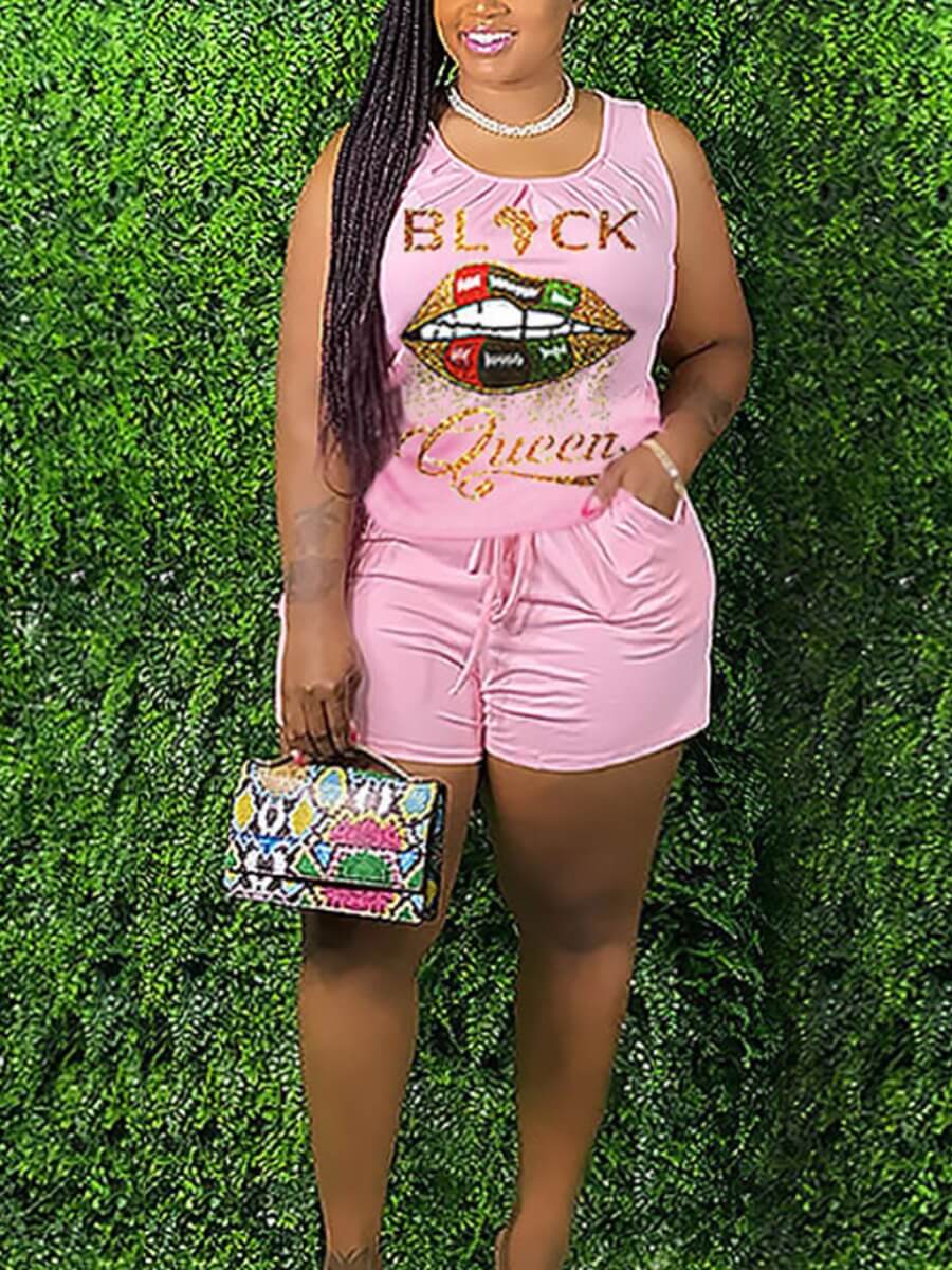LW Plus Size Casual Letter Lip Print Drawstring Pink Two-piece Shorts Set