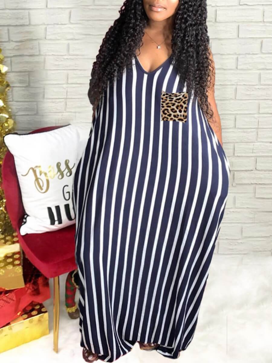 

Lovely Casual V Neck Striped Leopard Print Dark Blue Floor Length Plus Size Dress