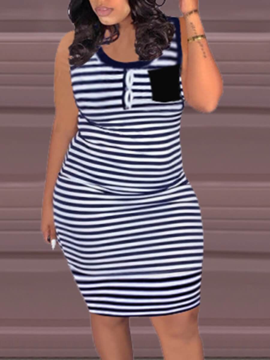 Lovely Plus Size Casual Striped Pocket Design Black Mini Dress