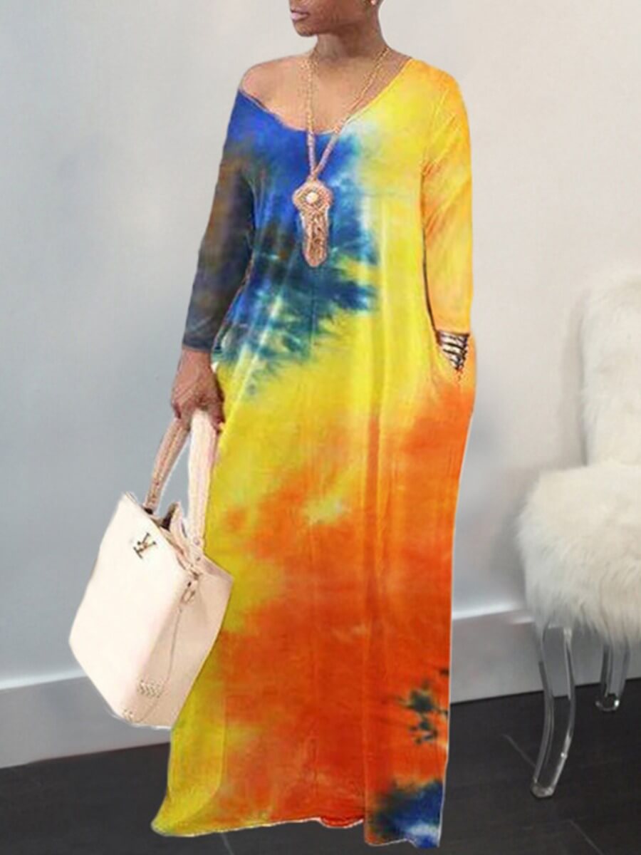 

Lovely Casual V Neck Tie-dye Orange Floor Length Plus Size Dress