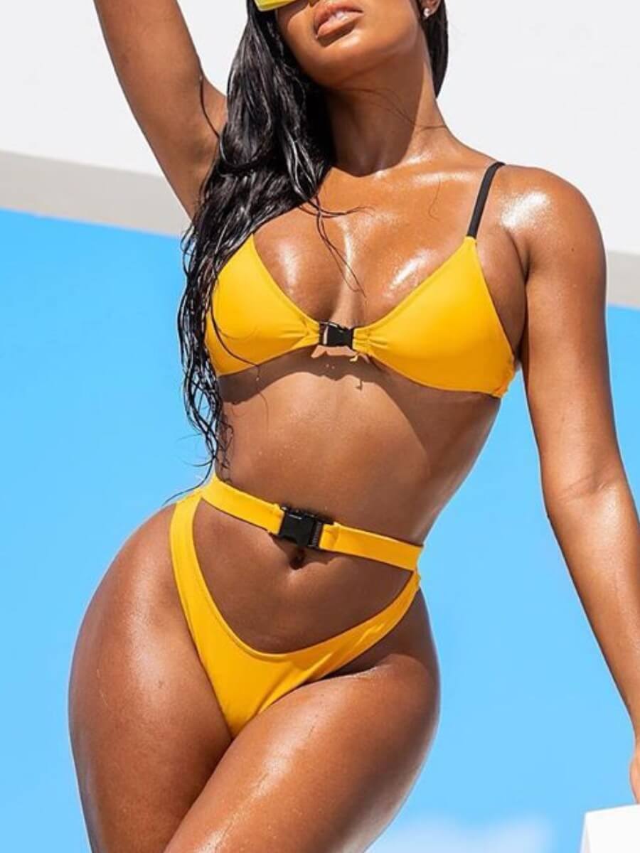 

Lovely Casual School Bag Buckle Hollow-out Yellow Two-piece Swimsuit