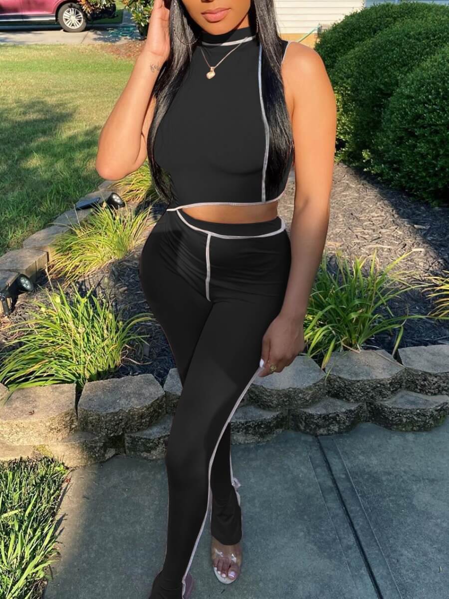 

LW Trendy Half A Turtleneck Striped Asymmetrical Black Two Piece Pants Set