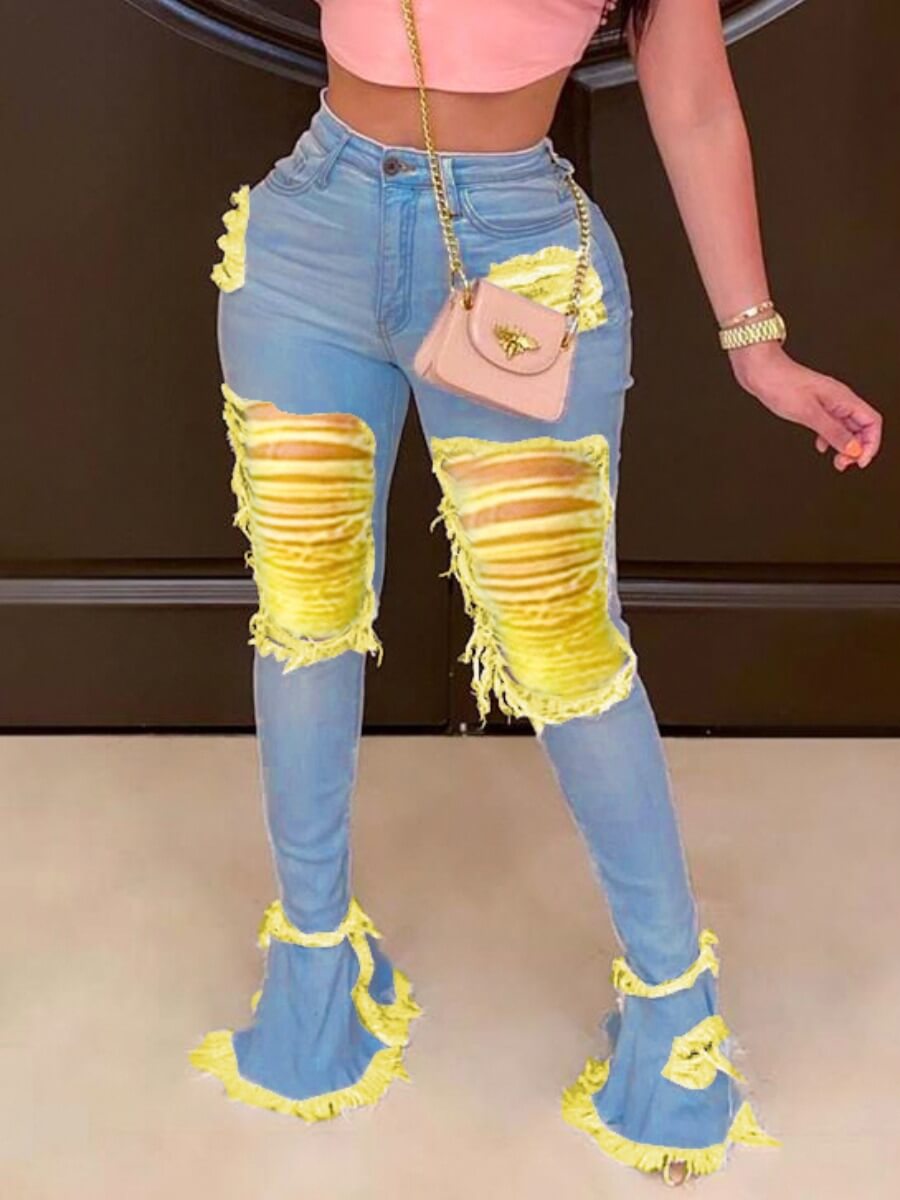 

Lovely Trendy Broken Holes Light Yellow Jeans
