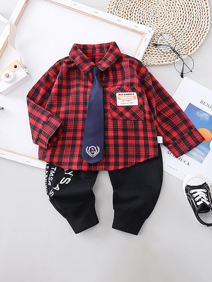 

Lovely Formal Plaid Letter Print Red Boy Two Piece Pants Set