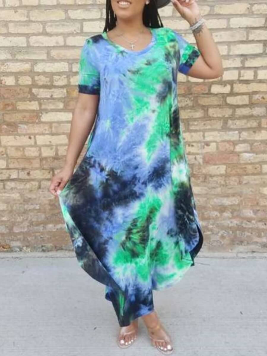 

Lovely Casual U Neck Tie-dye Asymmetrical Baby Blue Ankle Length Dress