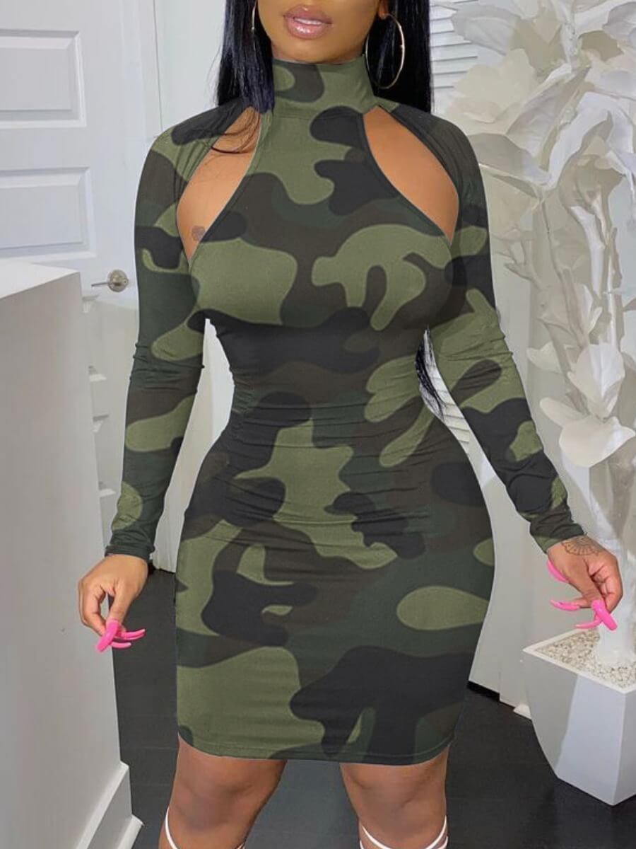 

LW Street Turtleneck Hollow-out Camo Print Army Green Knee Length Dress, Army green camouflag