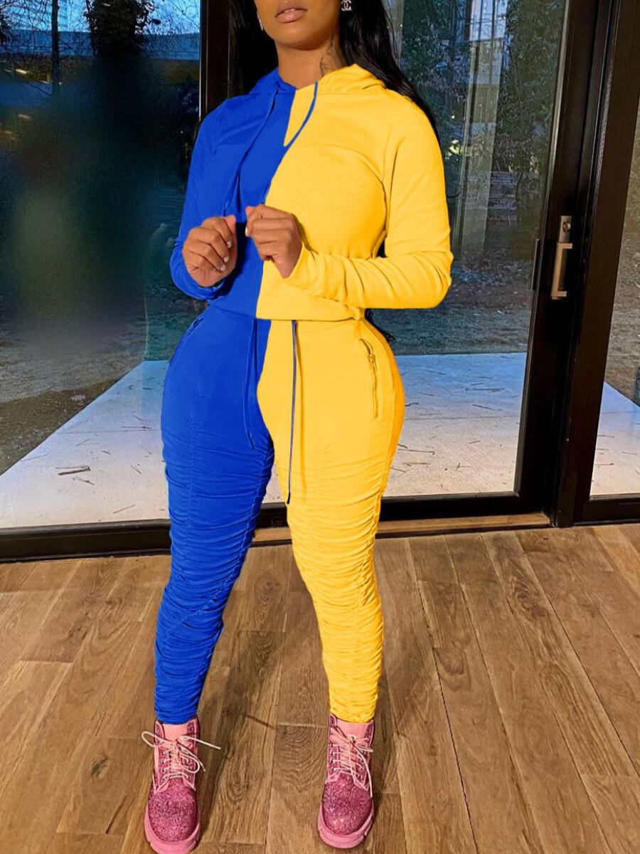 

Lovely Casual Hooded Collar Patchwork Fold Design Blue Two Piece Pants Set