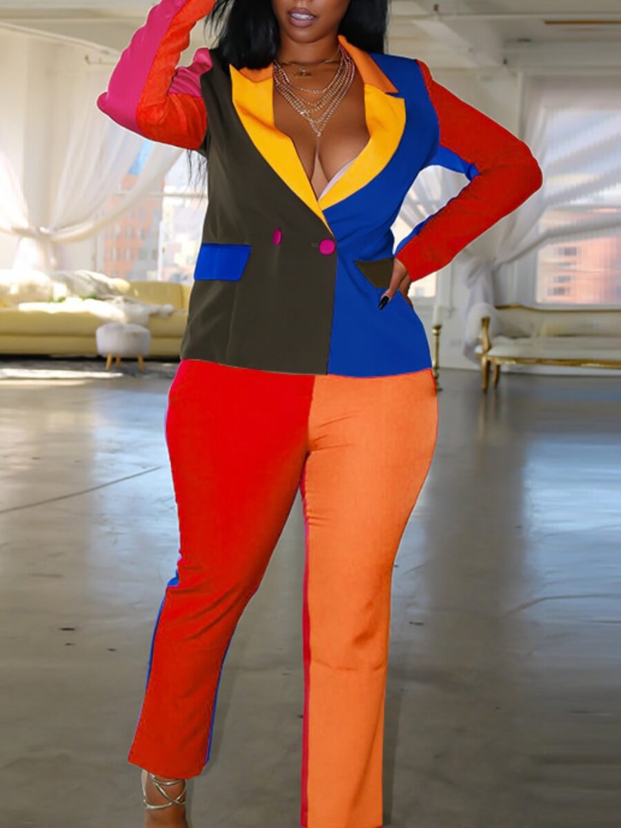 

Lovely Work Turndown Collar Color-lump Patchwork Multicolor Two Piece Pants Set, Multi
