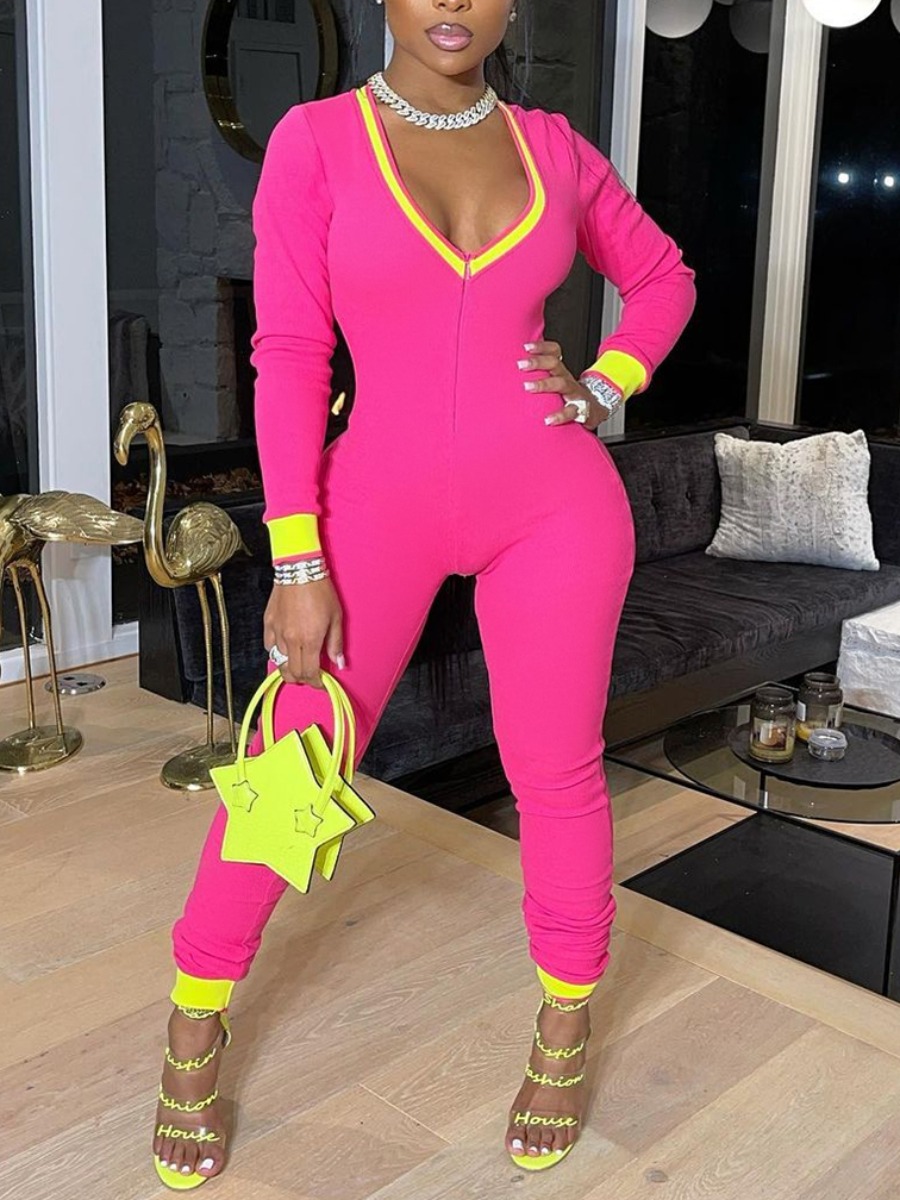 

Lovely Casual V Neck Color-lump Rose Red One-piece Jumpsuit