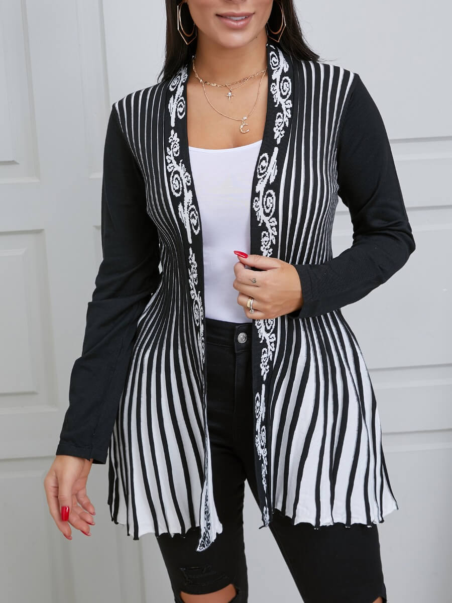

Lovely Sweet Floral Print Striped Black Coat