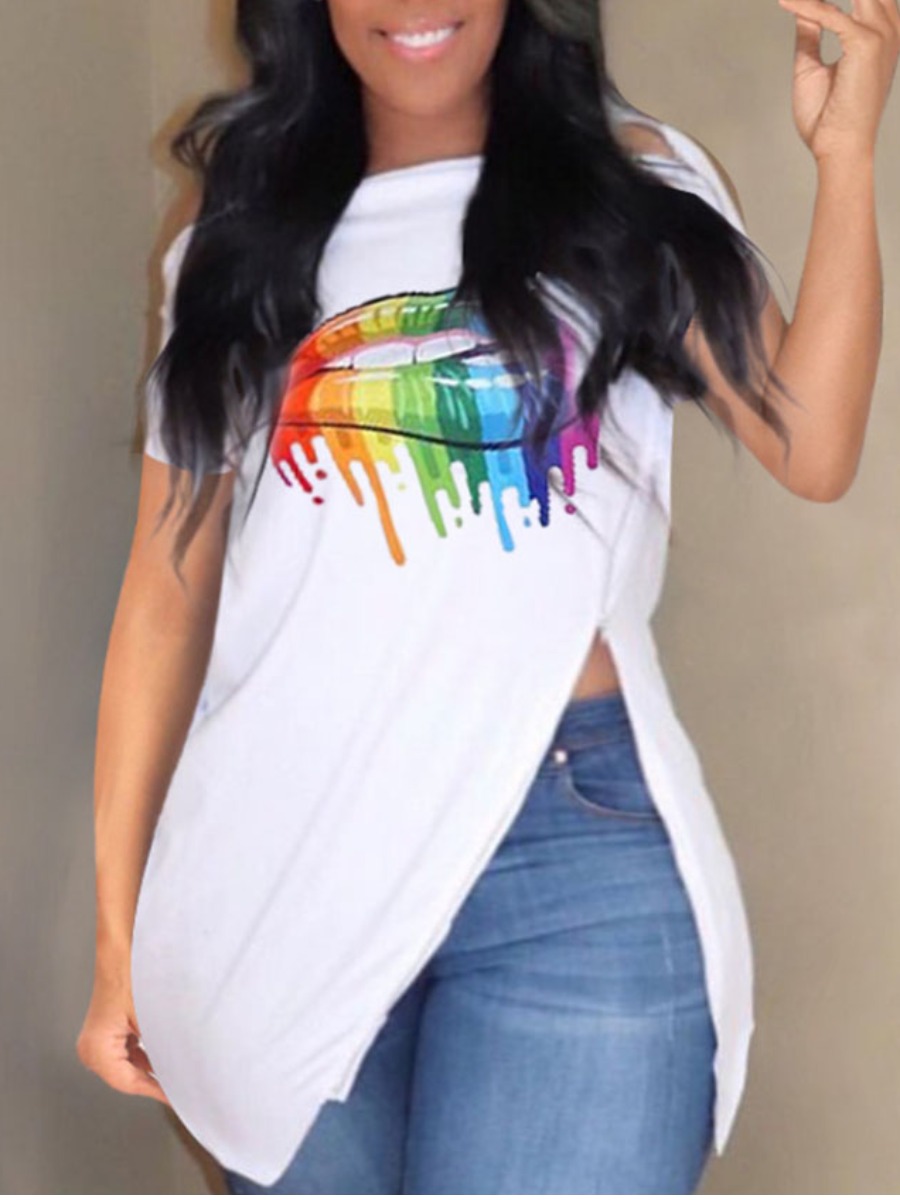 

Lovely Casual Lip Print Asymmetrical White Plus Size T-shirt