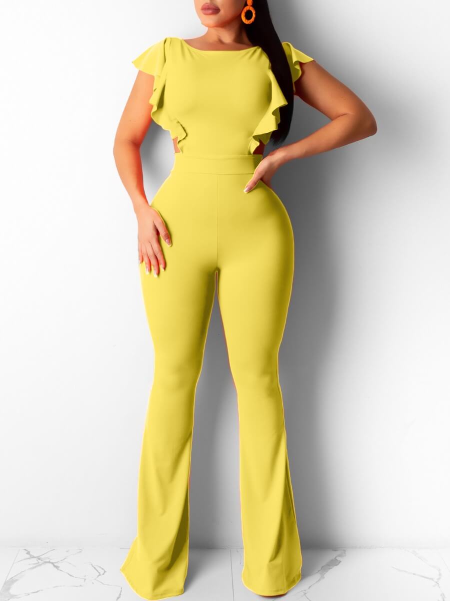 

Lovely Casual Backless Flounce Design Flared Yellow One-piece Jumpsuit