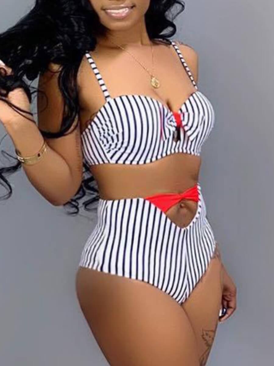 

Lovely Trendy Striped Hollow-out White Two-piece Swimsuit