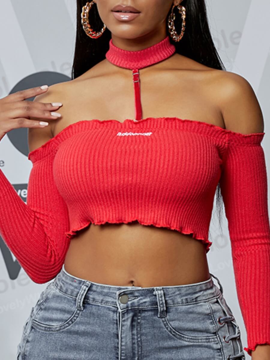 

Lovely Chic Rib-Knit Off The Shoulder Print Red T-shirt