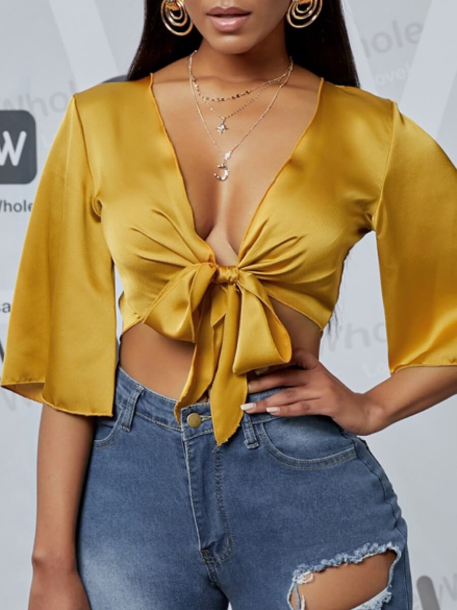 

Lovely Party V Neck Knot Design Gold Blouse