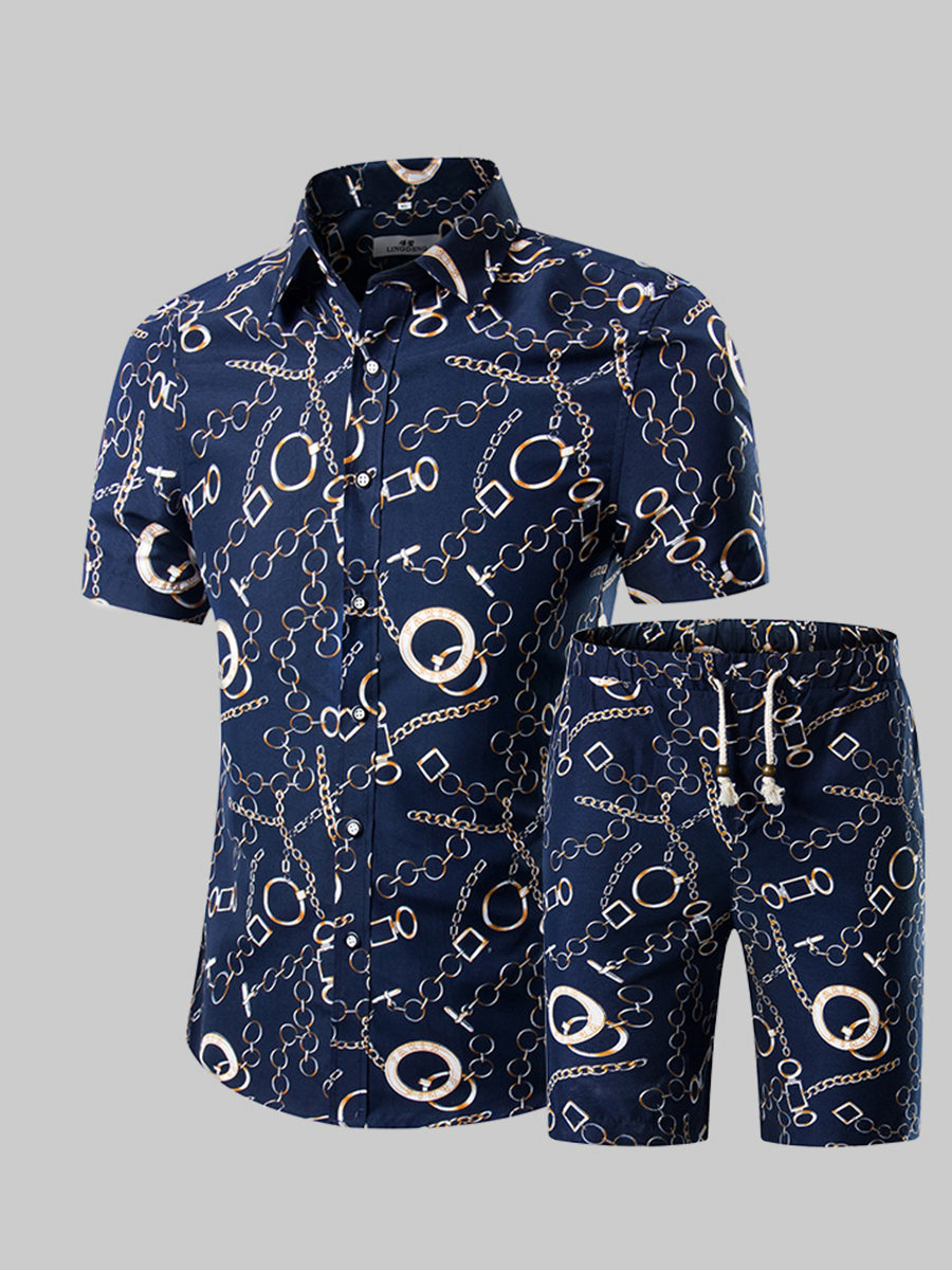 Lovely Men Stylish Chain Print Drawstring Navy Blue Two Piece Shorts Set