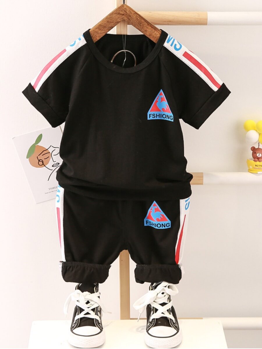 

Lovely Sportswear Letter Print Patchwork Black Boy Two Piece Pants Set