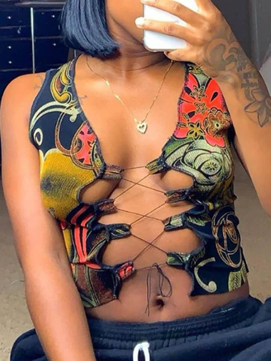 

LW Vintage Bandage Hollow-out Design Print Brown Camisole