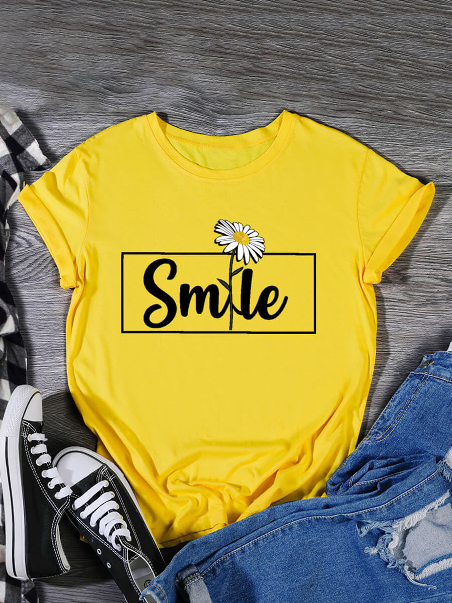 

LW Plus Size Casual O Neck Letter Floral Print Yellow T-shirt