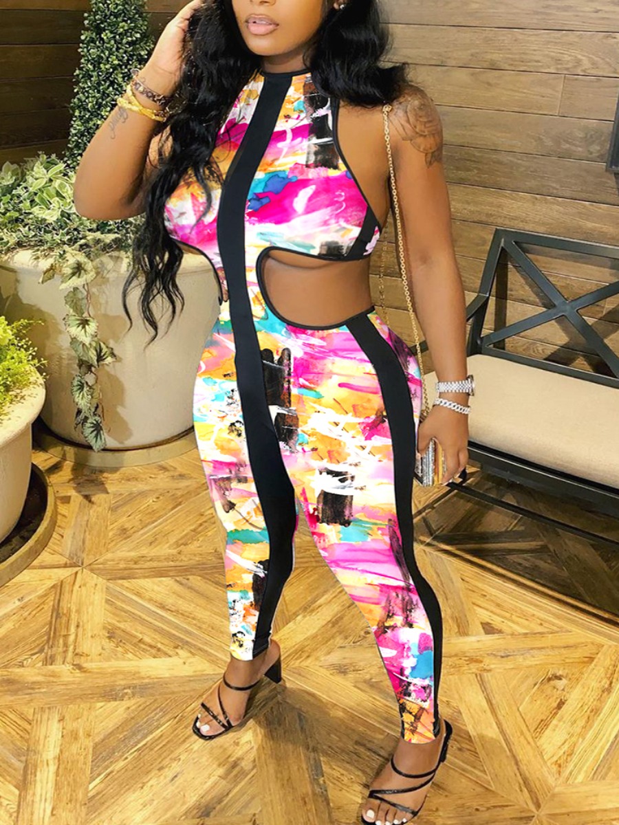 

Lovely Street Backless Striped Tie-dye Pink One-piece Jumpsuit