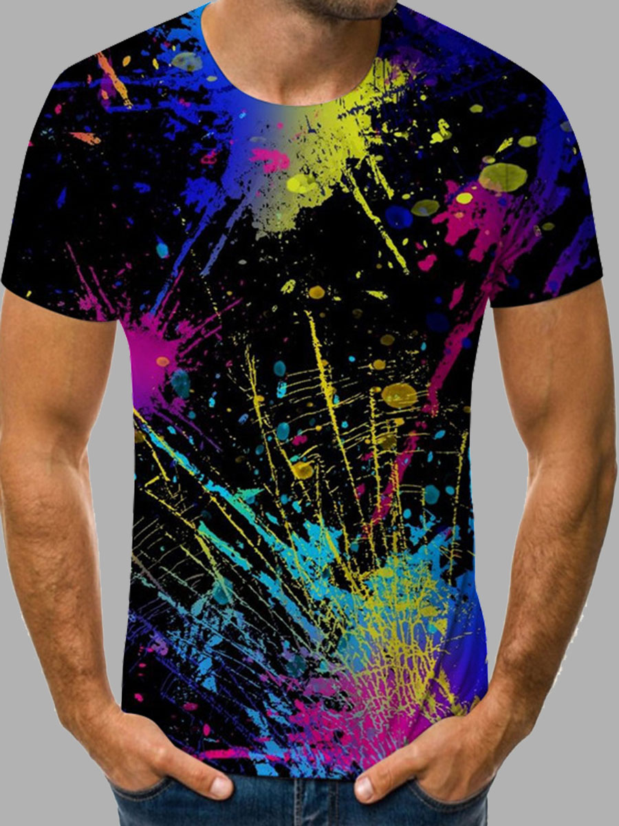

LW BASICS Men Street Splash Ink Print Patchwork Black T-shirt