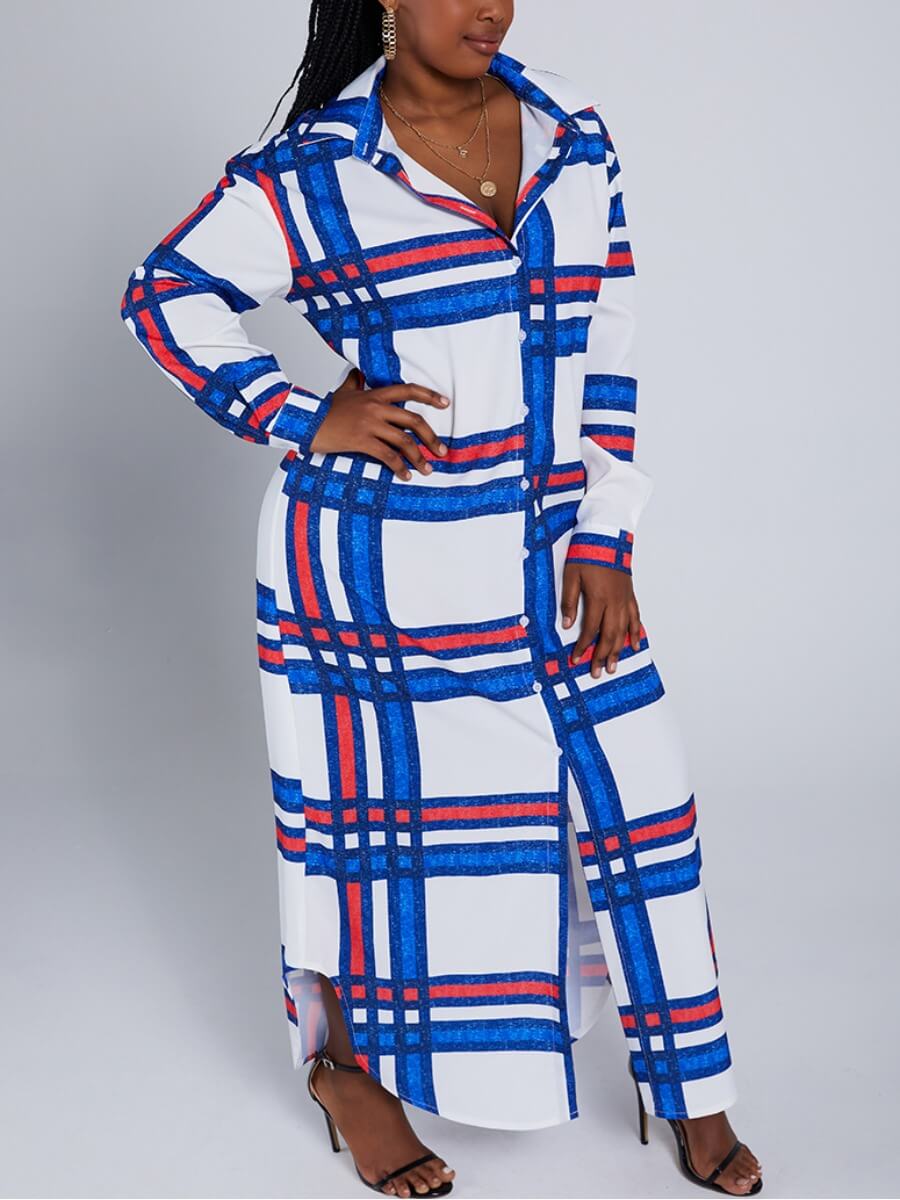 

Lovely Plus Size Casual Plaid Print Asymmetrical White Ankle Length Dress