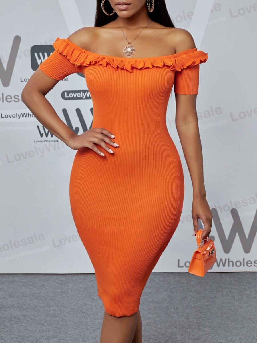 

Lovely Elegant Off The Shoulder Flounce Design Orange Knee Length Dress