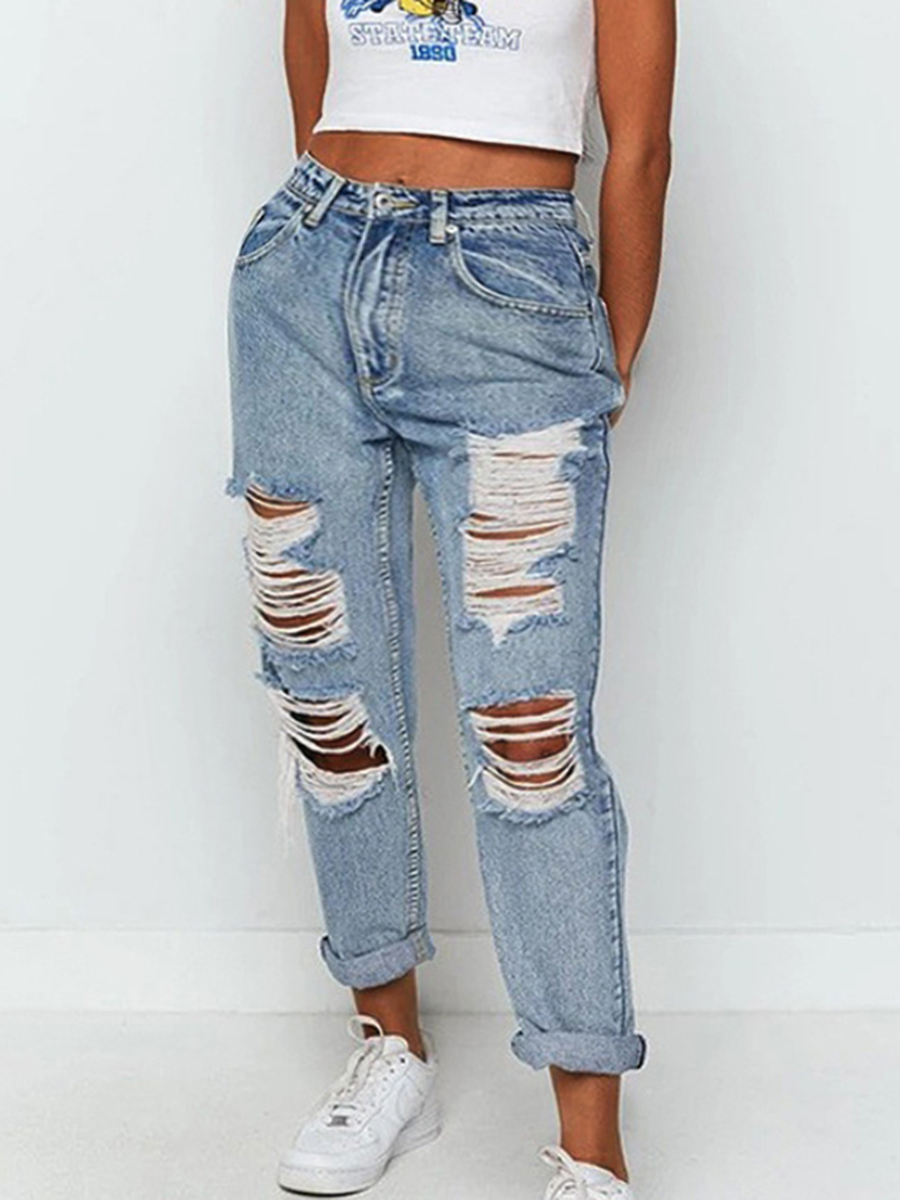 

Lovely Casual Mid Waist Ripped Blue Straight Leg Pants