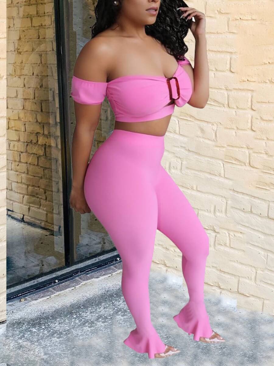 

Lovely Sexy Off The Shoulder Flounce Design Pink Two Piece Pants Set