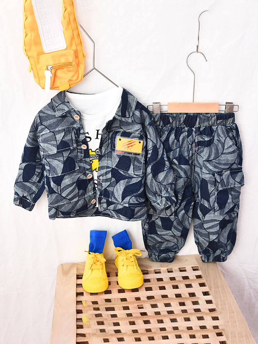 

Lovely Casual Camo Print Pocket Design Dark Blue Boy Three Piece Pants Set