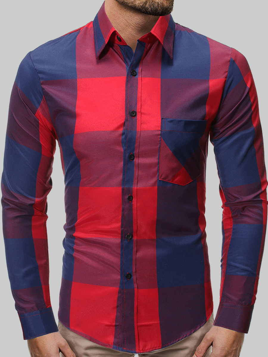 

Lovely Men Casual Turndown Collar Plaid Print Patchwork Red Shirt