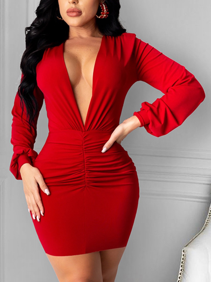 

Lovely Sexy Deep V Neck Ruched Red Mini Dress