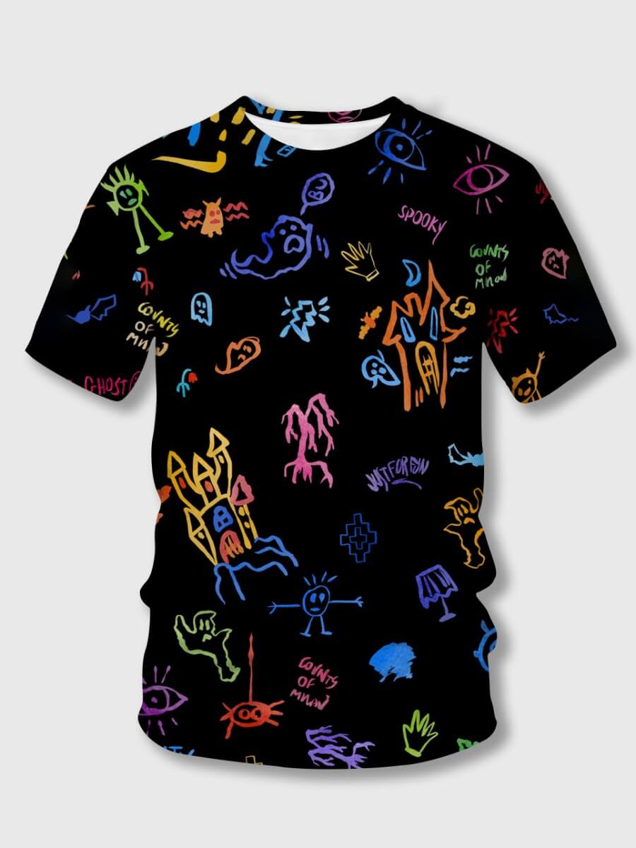 

Lovely Boy Street O Neck Graffiti Print Black T-shirt