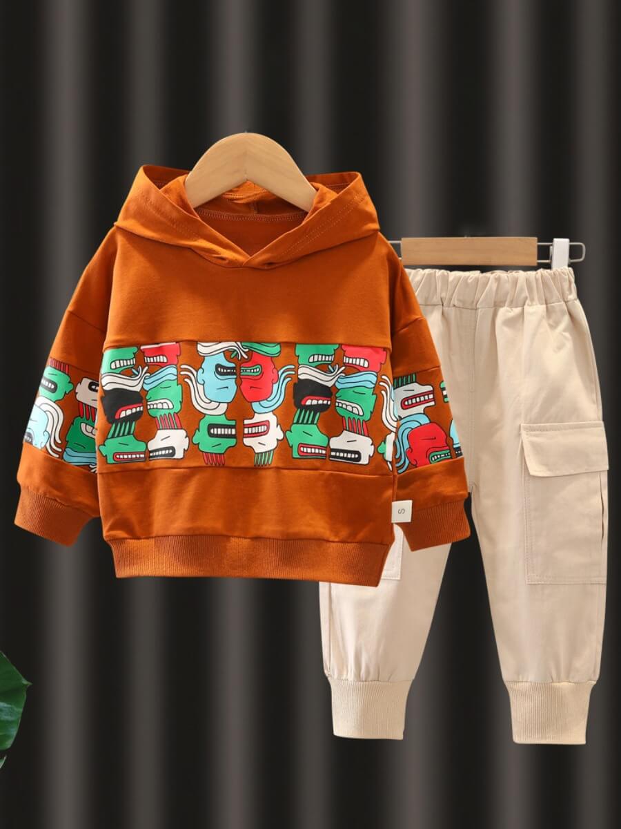 

Lovely Casual Cartoon Print Pocket Design Brown Boy Two Piece Pants Set