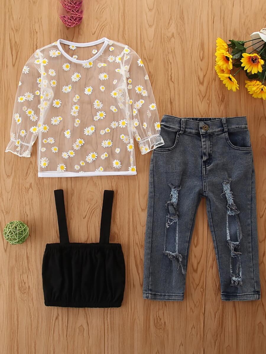 

Lovely Girl Trendy Floral Print Broken Holes White Three Piece Pants Set