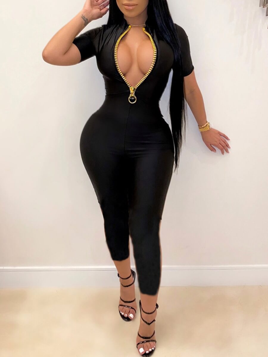 

Lovely Sexy Zipper Design Skinny Black One-piece Jumpsuit