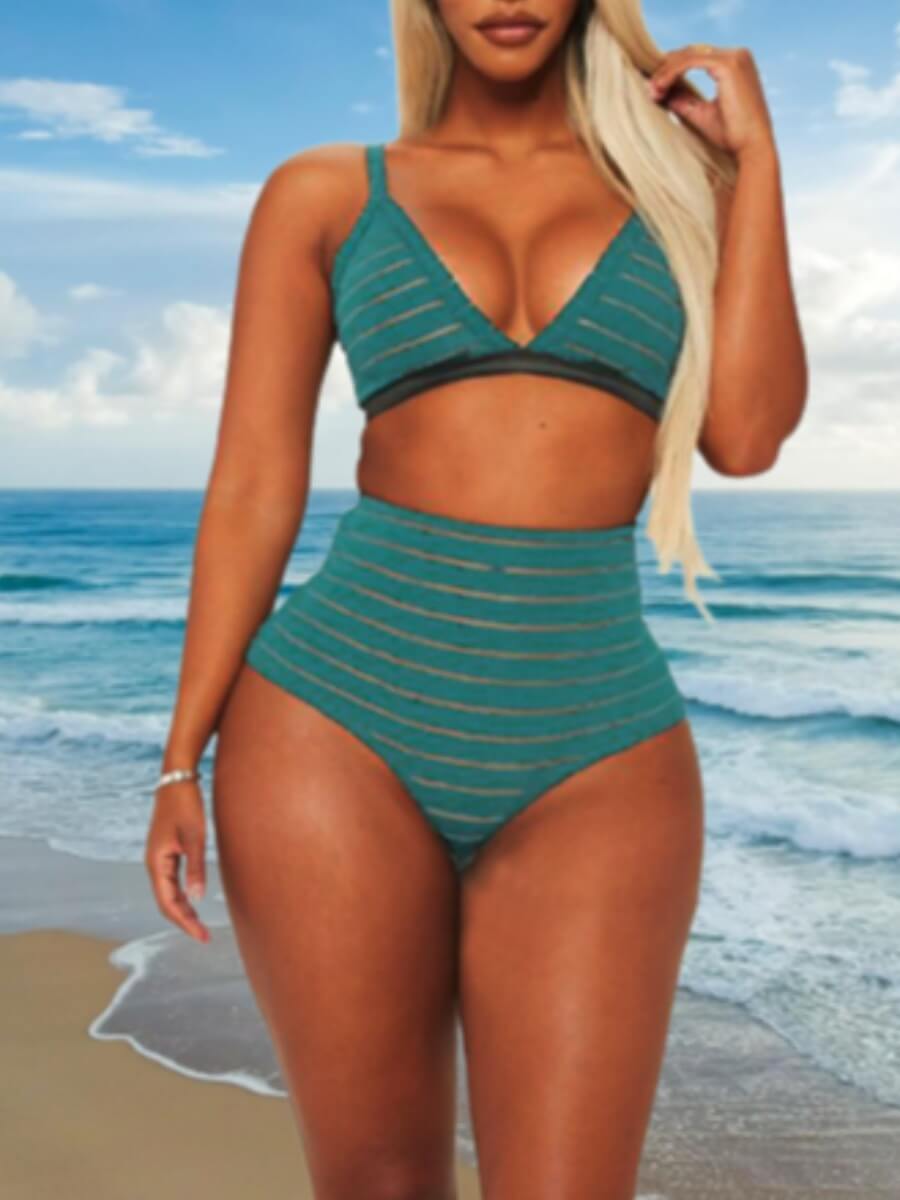 

Lovely Casual V Neck Striped Green Two-piece Swimsuit