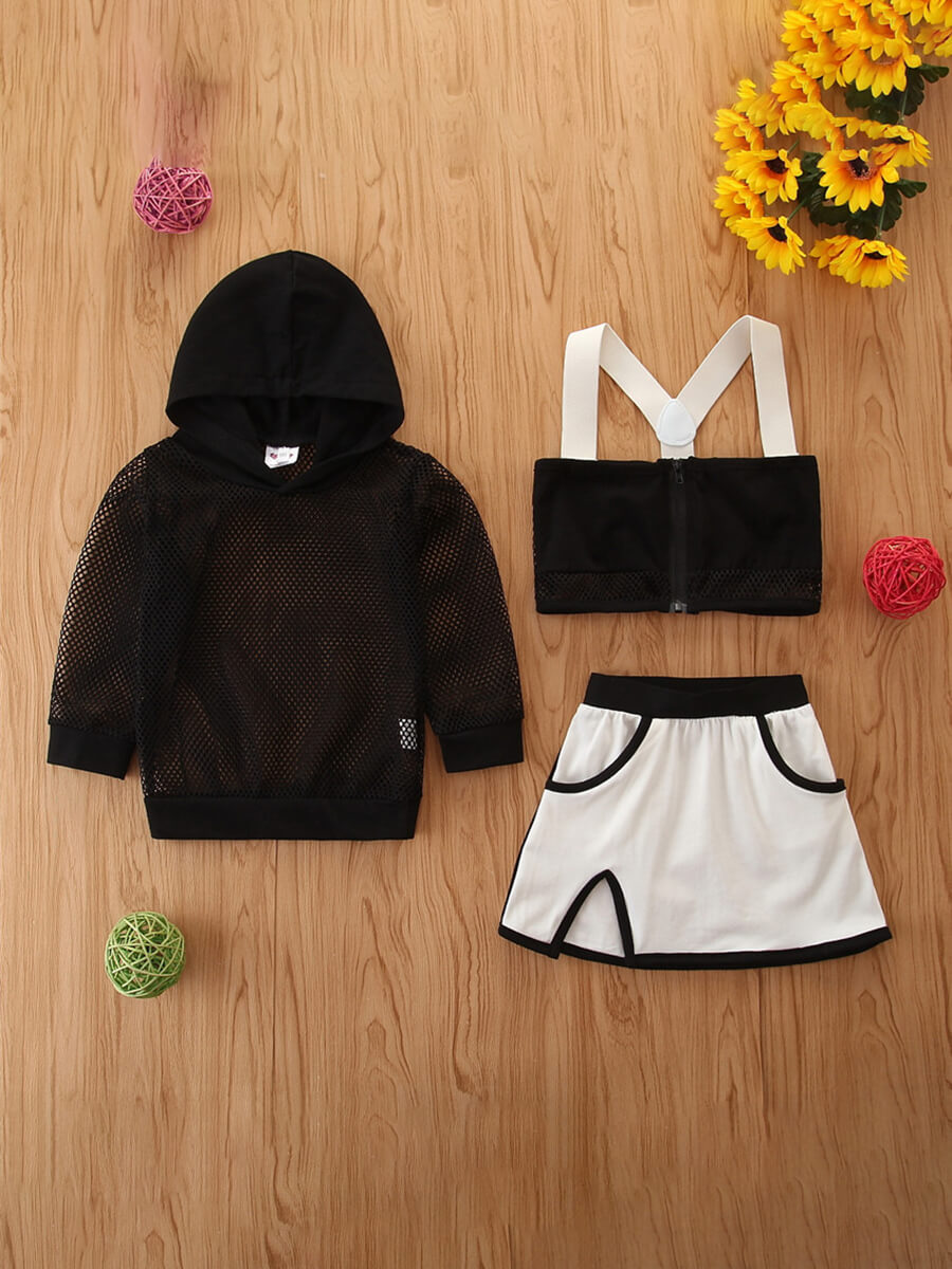 

Lovely Girl Casual Hollow-out Patchwork Black Three Piece Skirt Set
