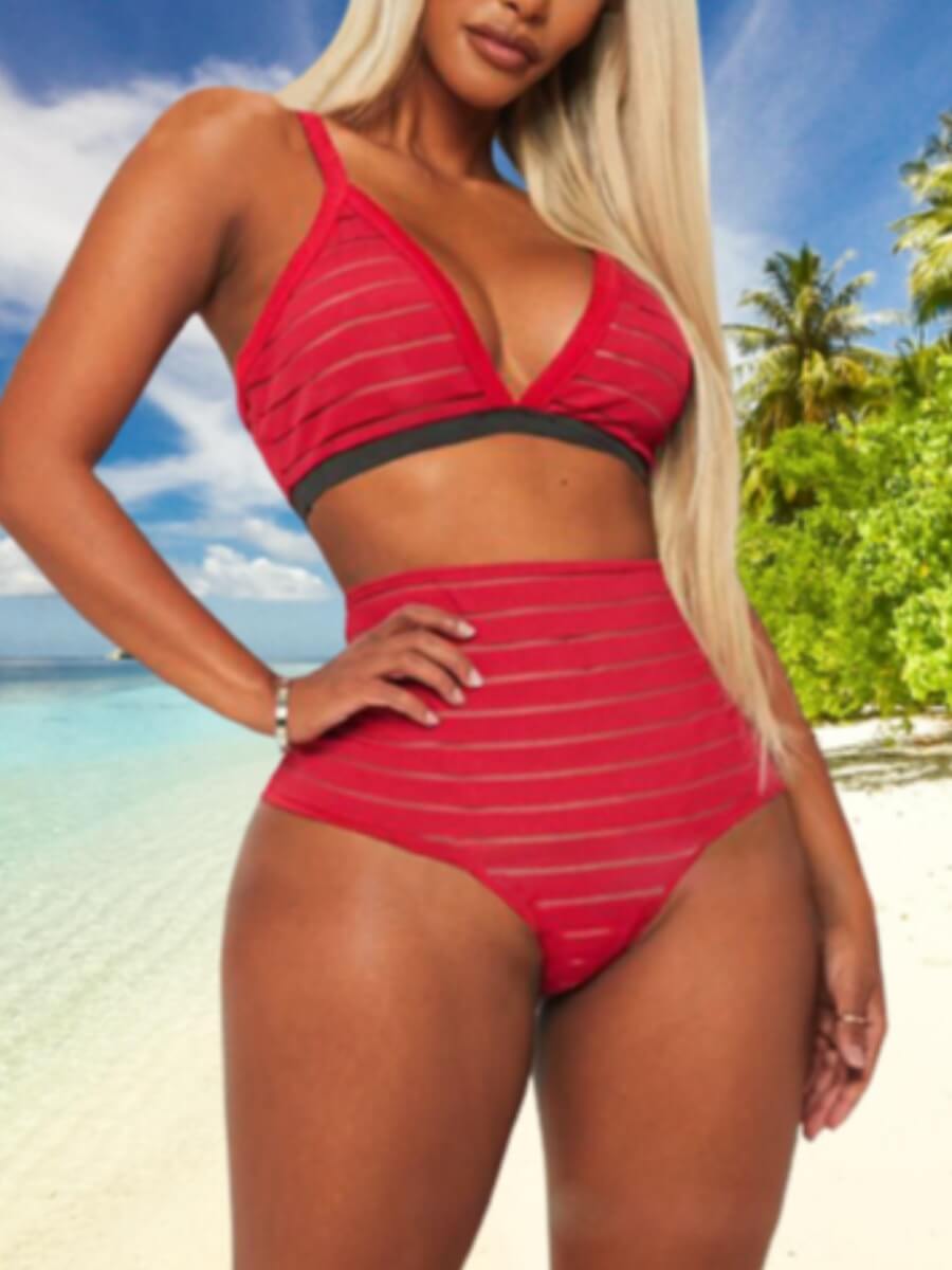 

Lovely Casual V Neck Striped Red Two-piece Swimsuit