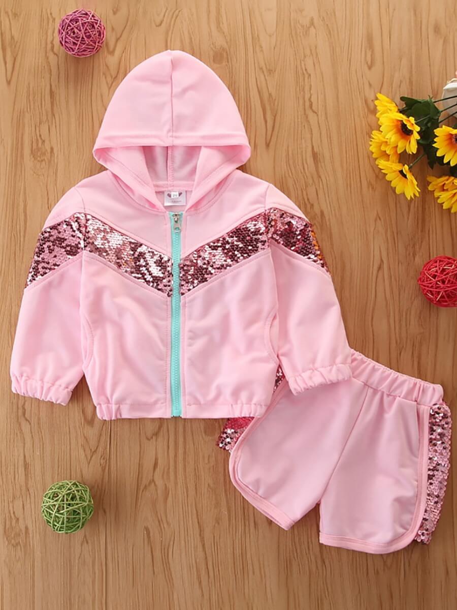 

Lovely Girl Sportswear Hooded Collar Sequined Zipper Design Pink Two Piece Shorts Set