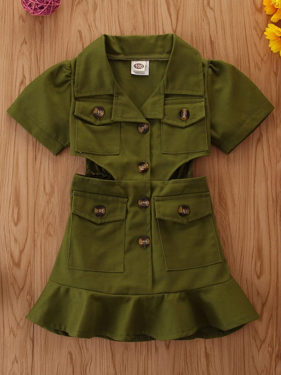 

Lovely Girl Trendy Hollow-out Pocket Button Design Army Green Knee Length Dress