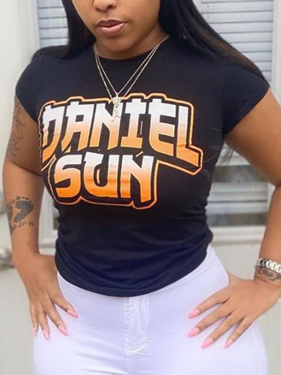 

Lovely Casual O Neck Letter Print Black Plus Size T-shirt