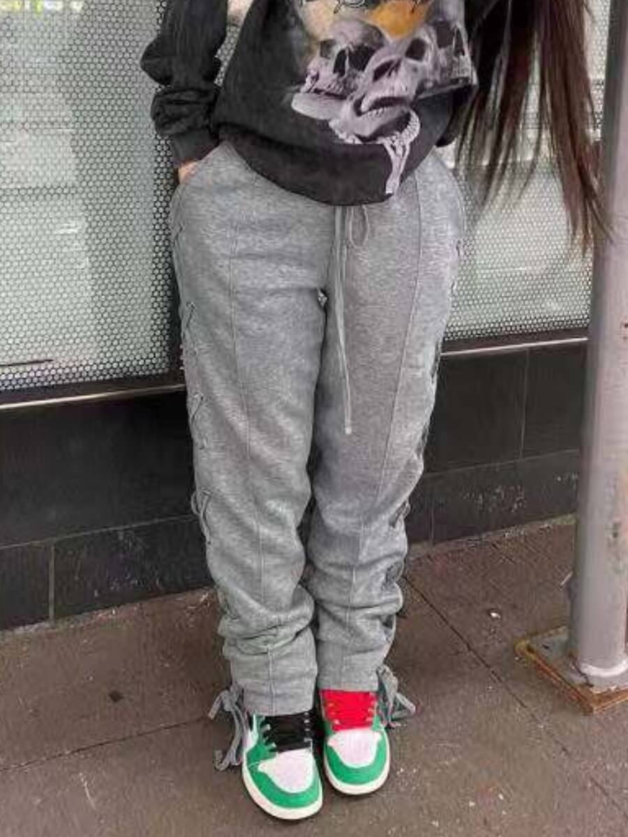 

Lovely Casual Bandage Design Drawstring Grey Pants