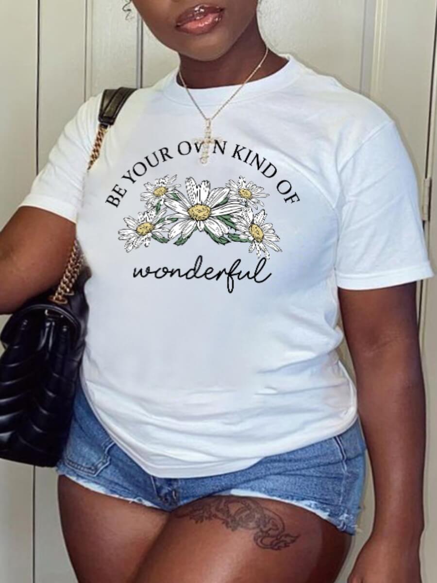 

Lovely Casual O Neck Floral Letter Print White Plus Size T-shirt