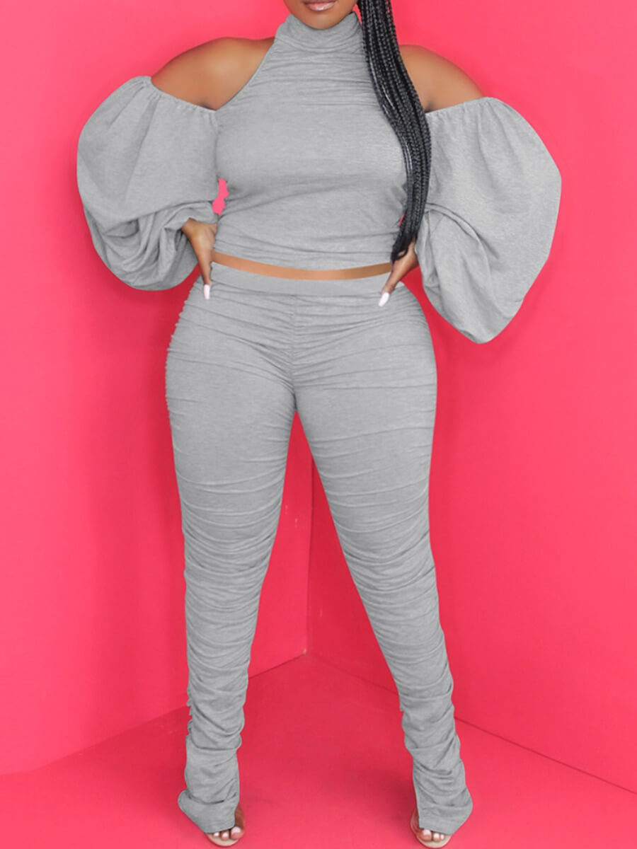 

Lovely Sweet Off The Shoulder Ruched Ruffle Design Grey Plus Size Two-piece Pants Set