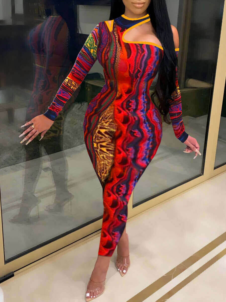 

Lovely Trendy One Shoulder Print Patchwork Red One-piece Jumpsuit