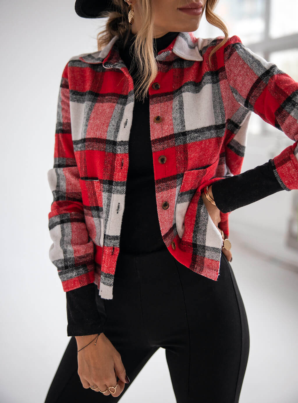 

Lovely Casual Turndown Collar Plaid Print Red Short Coat