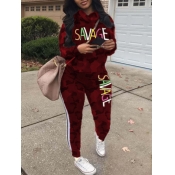 Lovely Sportswear Letter Print Striped Wine Red Tw