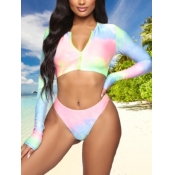 Lovely Casual Tie-dye Zipper Design Blue Tankini