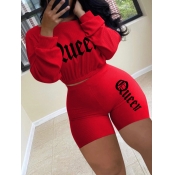 LW Casual O Neck Letter Print Red Two Piece Shorts